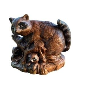 Vintage Ceramic Figurine Raccoon Mother and Babies On A Branch